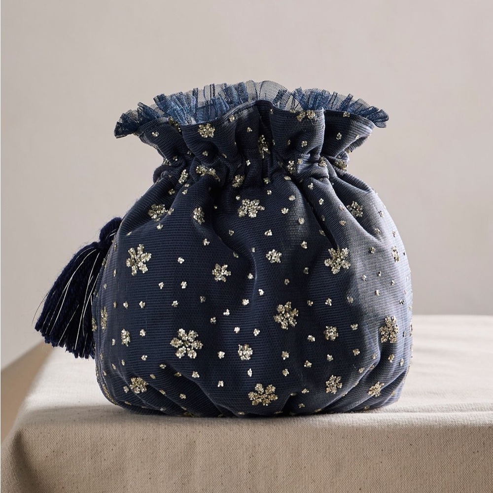 Free People Seasons Sparkle Mini Gift Sack Embroidered Pouch Bag Blue NWT NEW - Picture 5 of 12